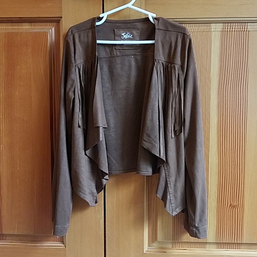 Justice waterfall collar faux suede fringe jacket